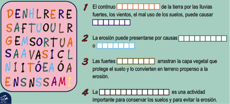 Actividad para completar palabras en cuadros.